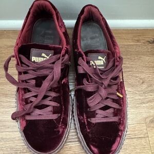 Puma Velvet Platform Sneakers in Burgundy with Gold Accents